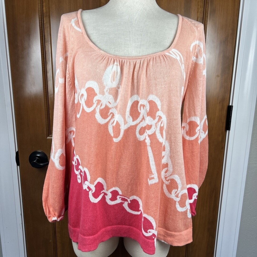 Lilly Pulitzer Womens Ombre Chain Link Key Graphic Knit Tunic Sweater Pink L
